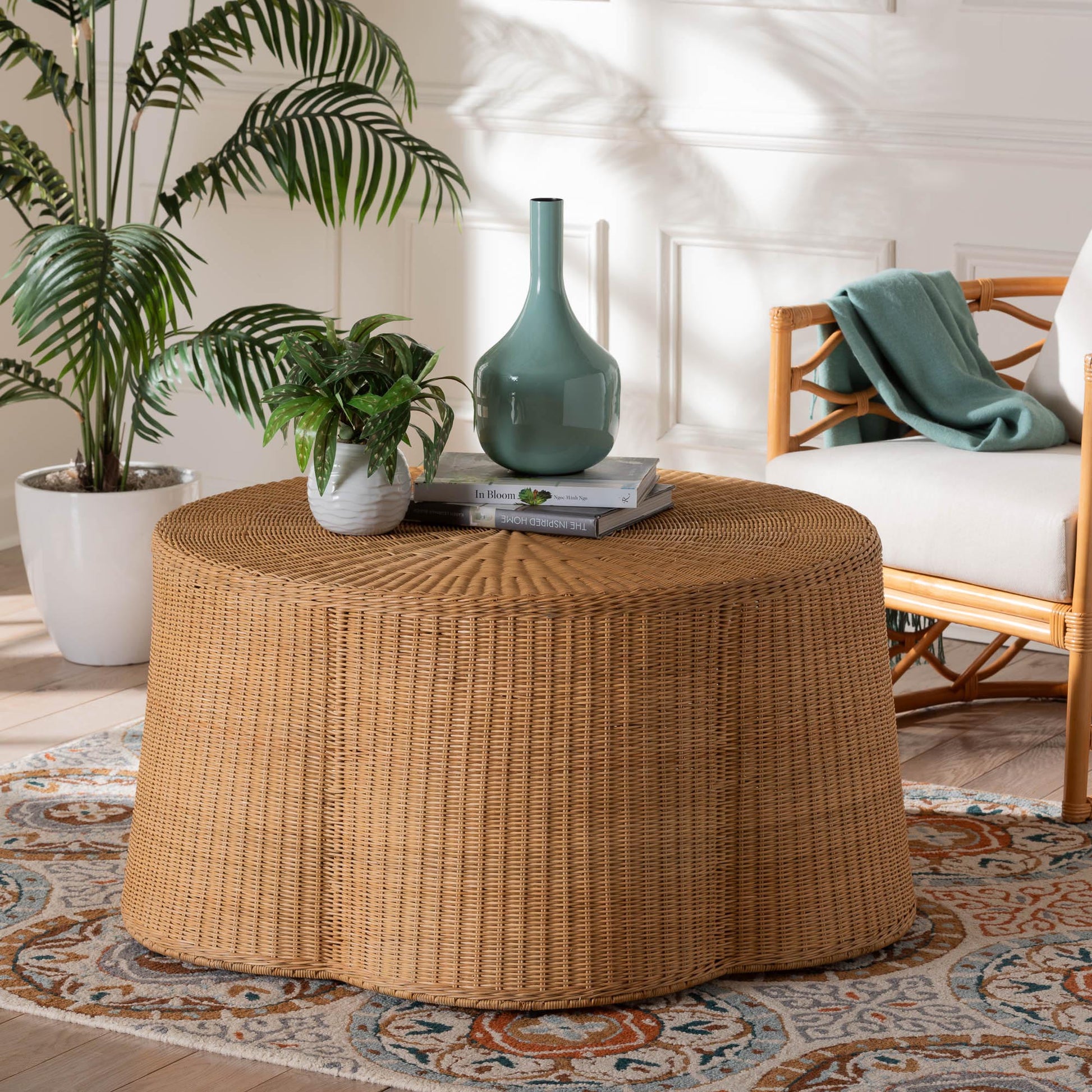 Baxton Studio bali & pari Palm Bohemian Honey Scallop Rattan Coffee Table | Coffee Tables | Modishstore