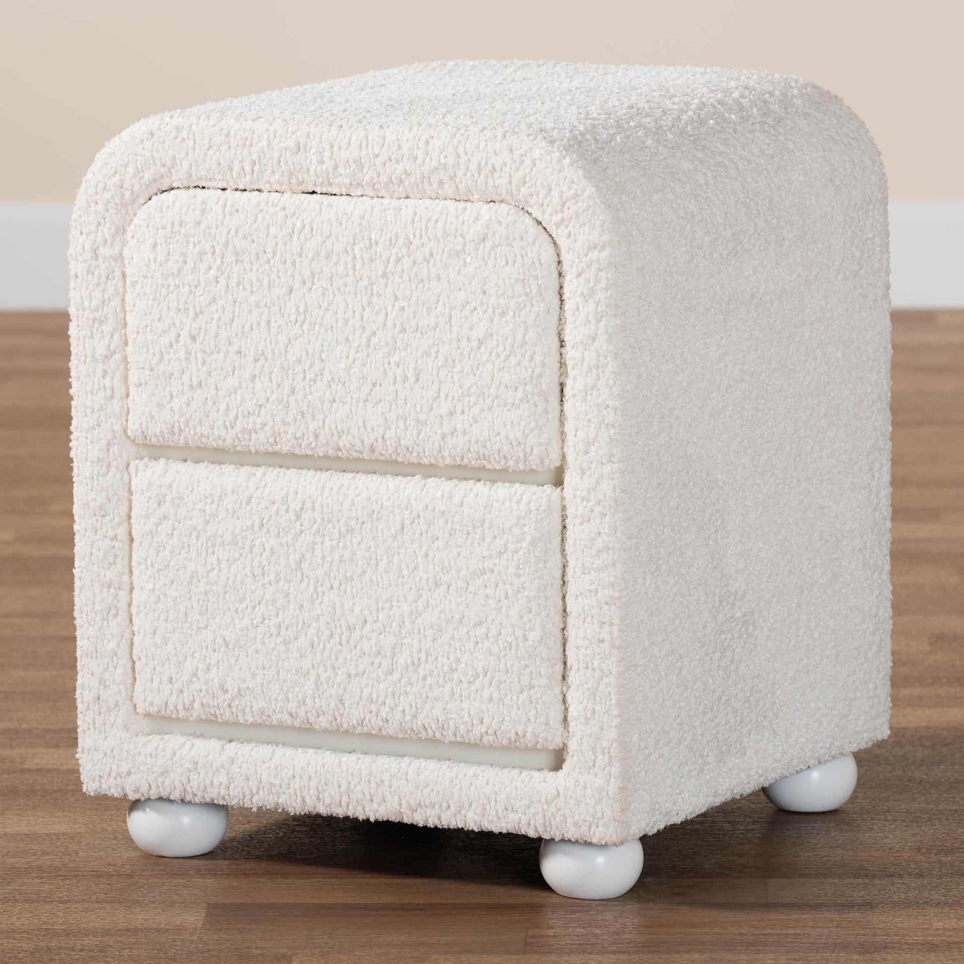 Baxton Studio Bonilla Modern White Teddy-Bear Fabric and Rubberwood 2-Drawer Nightstand | Nightstands | Modishstore - 2