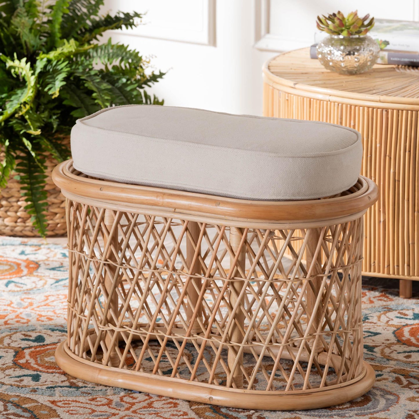 Baxton Studio bali & pari Ladonna Bohemian Natural Rattan Ottoman Footstool | Ottomans | Modishstore