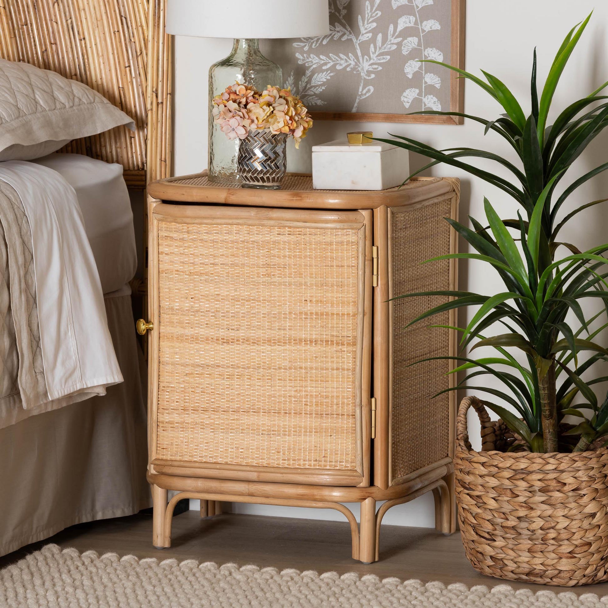 Baxton Studio bali & pari Kiara Bohemian Natural Rattan Nightstand | Nightstands | Modishstore