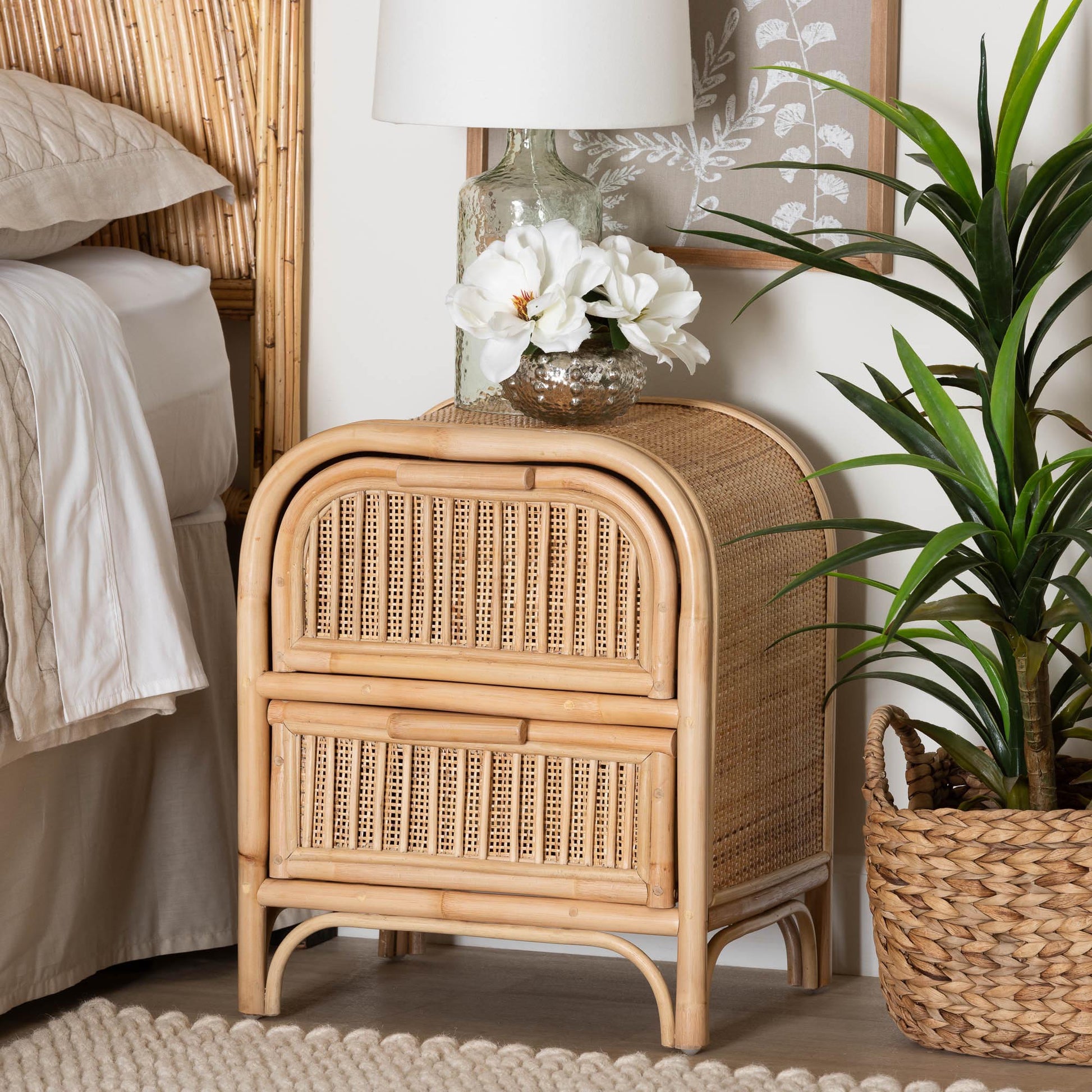 Baxton Studio bali & pari Adrika Bohemian Natural Rattan 2-Drawer Nightstand | Nightstands | Modishstore