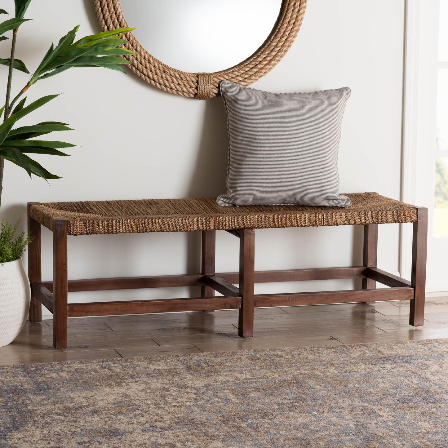 Baxton Studio bali & pari Liza Bohemian Natural Seagrass and Wood Accent Bench | Benches | Modishstore