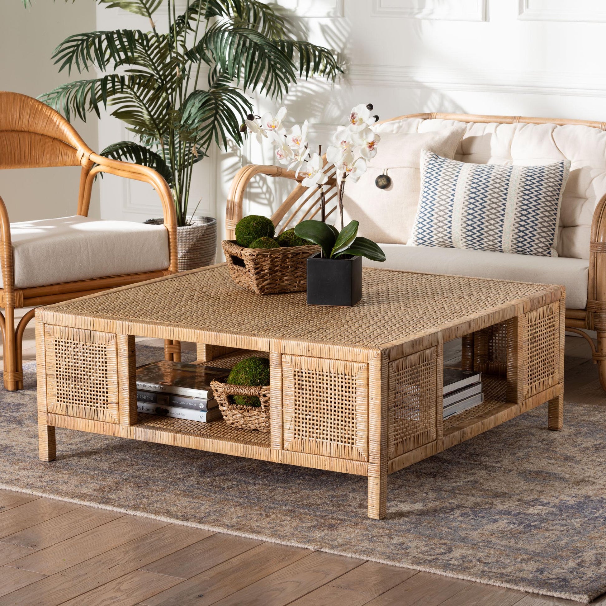 Baxton Studio bali & pari Kalimantan Bohemian Light Honey Rattan and Mahogany Wood Square Coffee Table | Coffee Tables | Modishstore