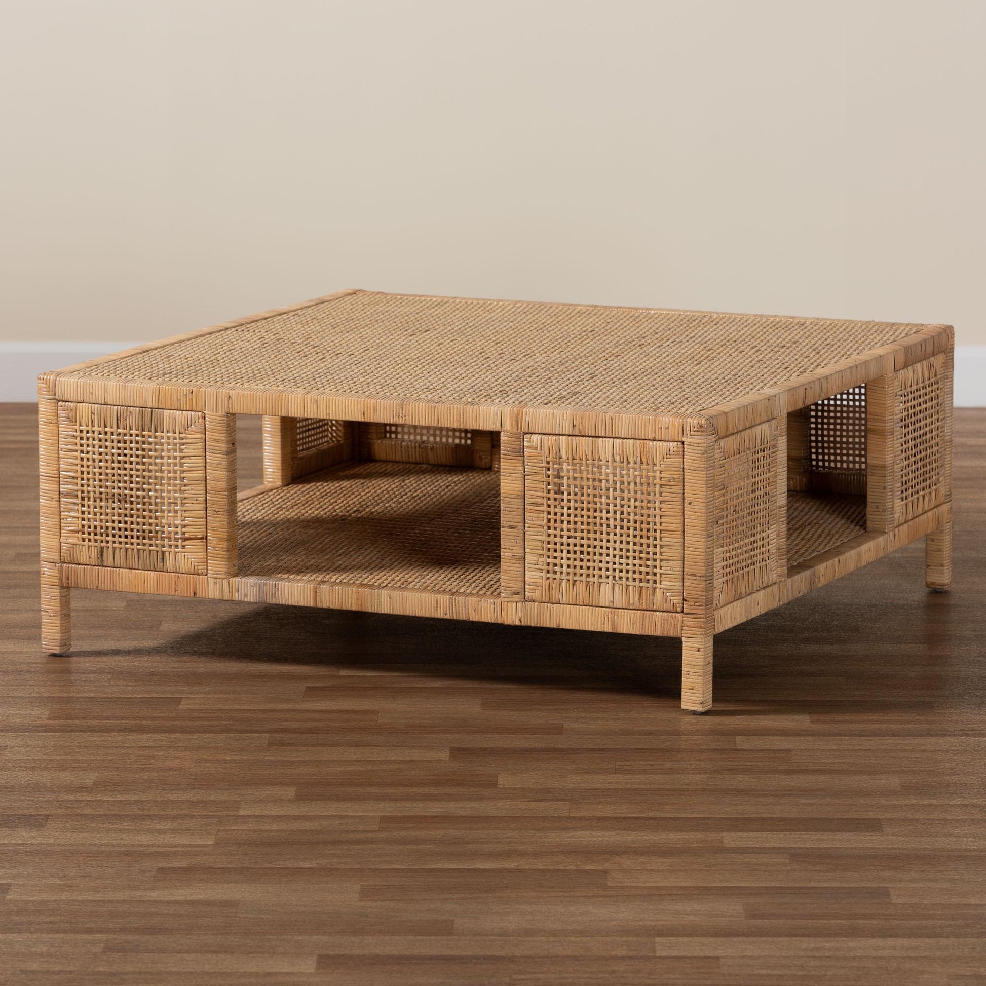 Baxton Studio bali & pari Kalimantan Bohemian Light Honey Rattan and Mahogany Wood Square Coffee Table | Coffee Tables | Modishstore - 6