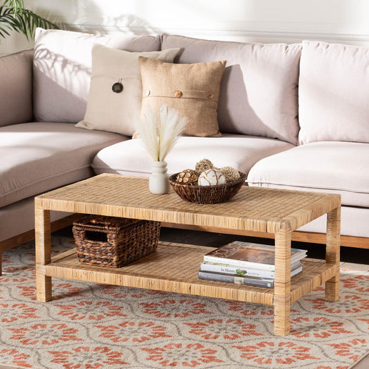 Baxton Studio bali & pari Kalimantan Bohemian Light Honey Rattan and Mahogany Wood Rectangle Coffee Table | Coffee Tables | Modishstore