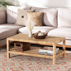 Baxton Studio bali & pari Kalimantan Bohemian Light Honey Rattan and Mahogany Wood Rectangle Coffee Table