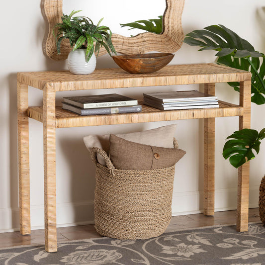 Baxton Studio bali & pari Kalimantan Bohemian Light Honey Rattan and Acacia Wood Console Table | Console Tables | Modishstore