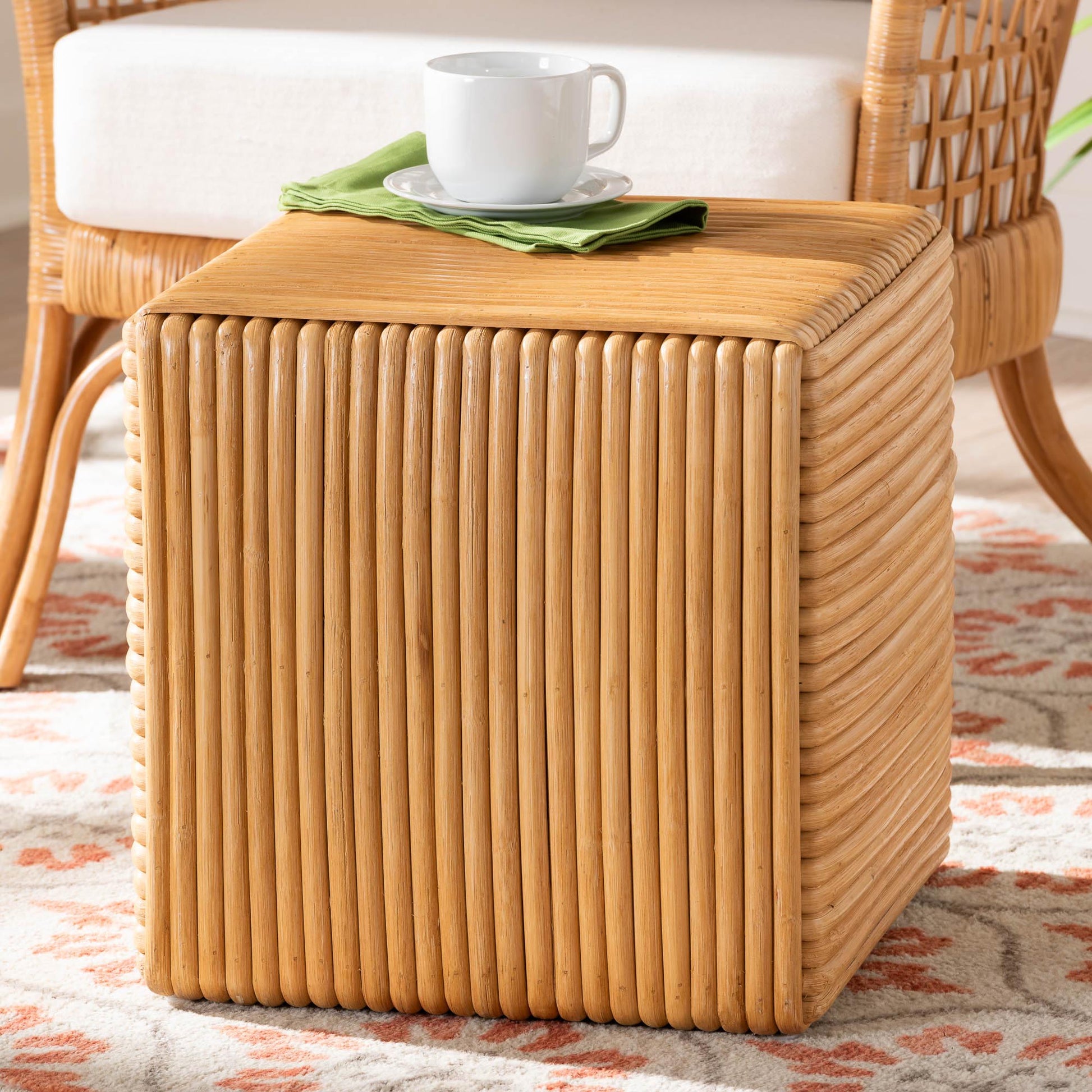 Baxton Studio bali & pari Karina Bohemian Light Honey Rattan Footstool | Ottomans | Modishstore