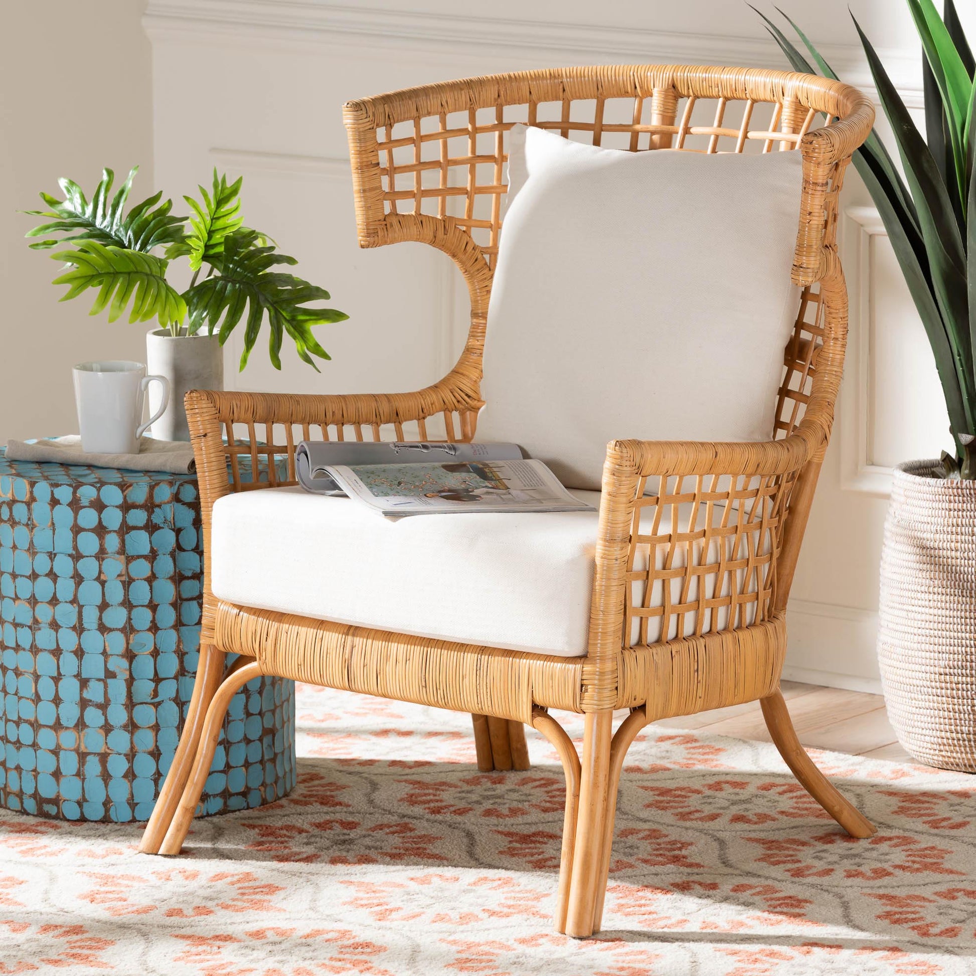 Baxton Studio bali & pari Regina Bohemian Light Honey Rattan Arm Chair | Armchairs | Modishstore