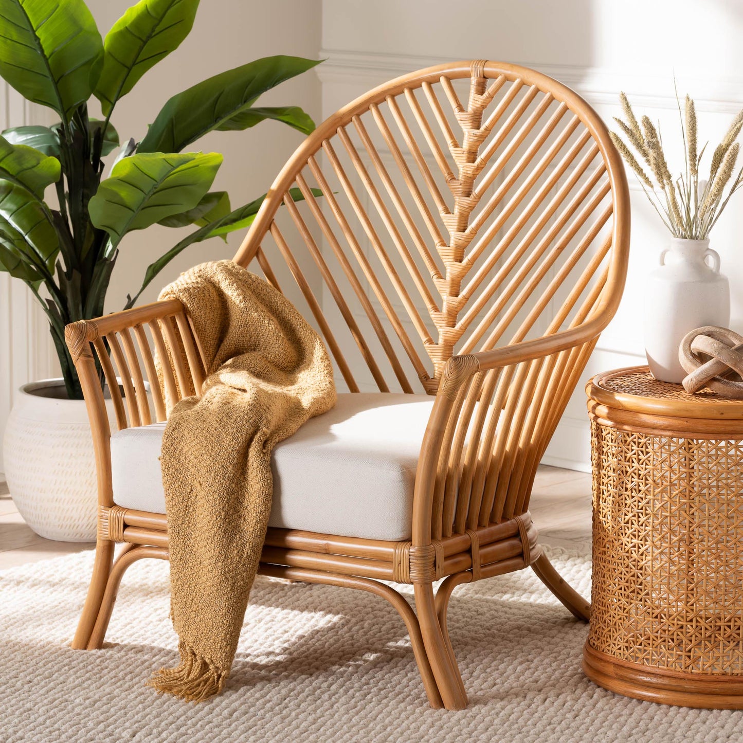 Baxton Studio bali & pari Lisabon Bohemian Light Honey Rattan Arm Chair | Armchairs | Modishstore