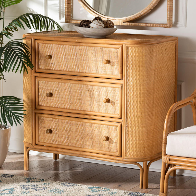 Baxton Studio bali & pari Radenza Bohemian Light Honey Rattan 3-Drawer Storage Cabinet | Cabinets | Modishstore