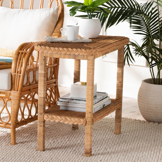 Baxton Studio bali & pari Minahasa Bohemian Light Honey Braided Rattan Side Table | End Tables | Modishstore