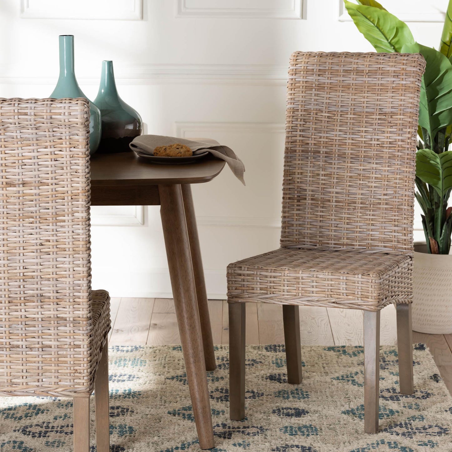 Baxton Studio bali & pari Santiago Bohemian Grey Natural Kubu Rattan and Mango Wood Dining Chair | Dining Chairs | Modishstore