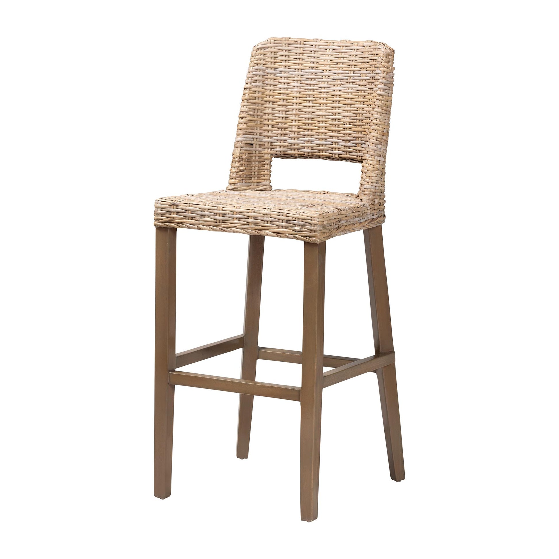 Baxton Studio bali & pari Magy Modern Bohemian Grey Kubu Rattan and Mahogany Wood Bar Stool | Bar Stools | Modishstore - 4