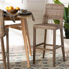 Baxton Studio bali & pari Magy Modern Bohemian Grey Kubu Rattan and Mahogany Wood Bar Stool