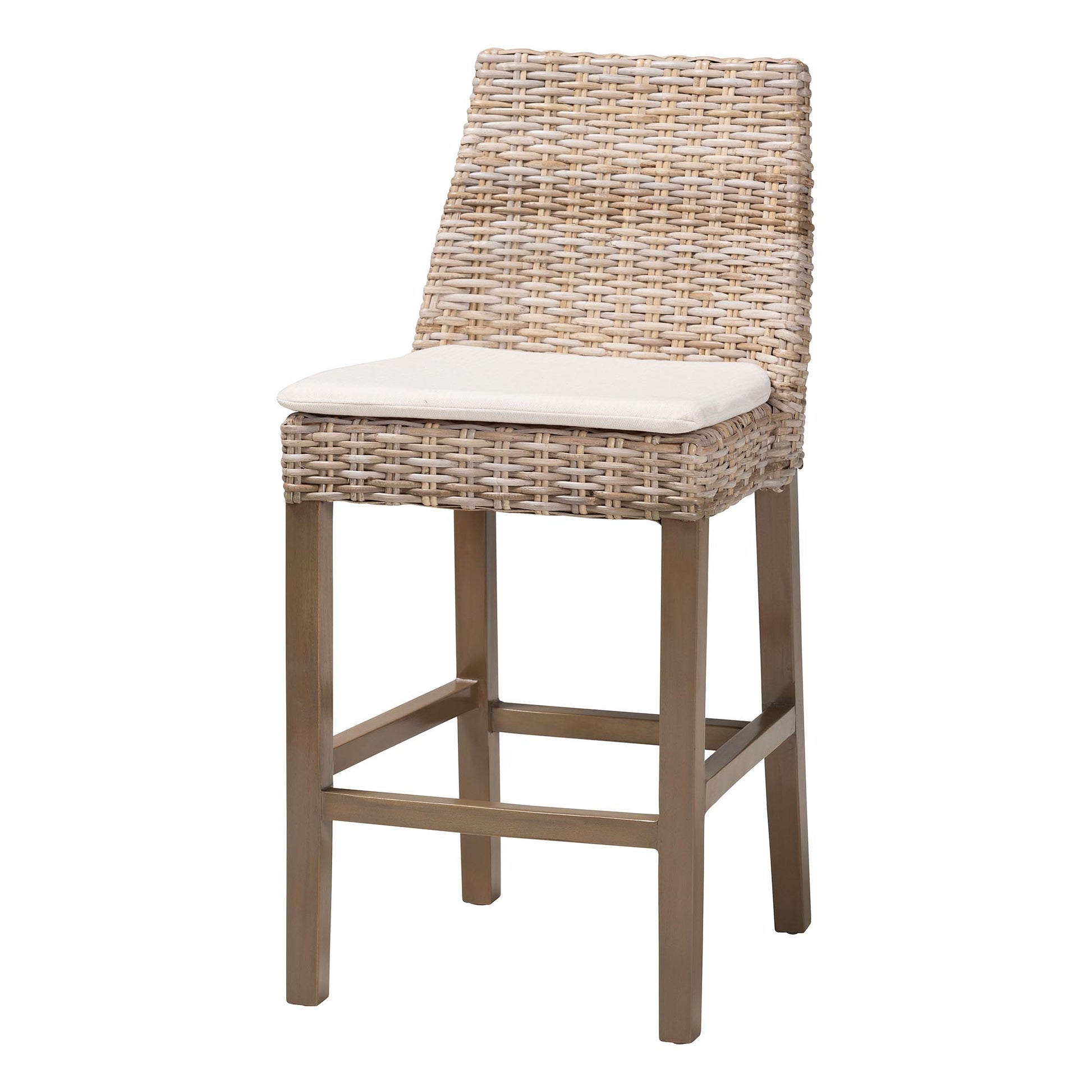 Baxton Studio bali & pari Toby Modern Bohemian Grey Kubu Rattan and Rustic Taupe Finished Mahogany Wood Counter Stool | Counter Stools | Modishstore - 4