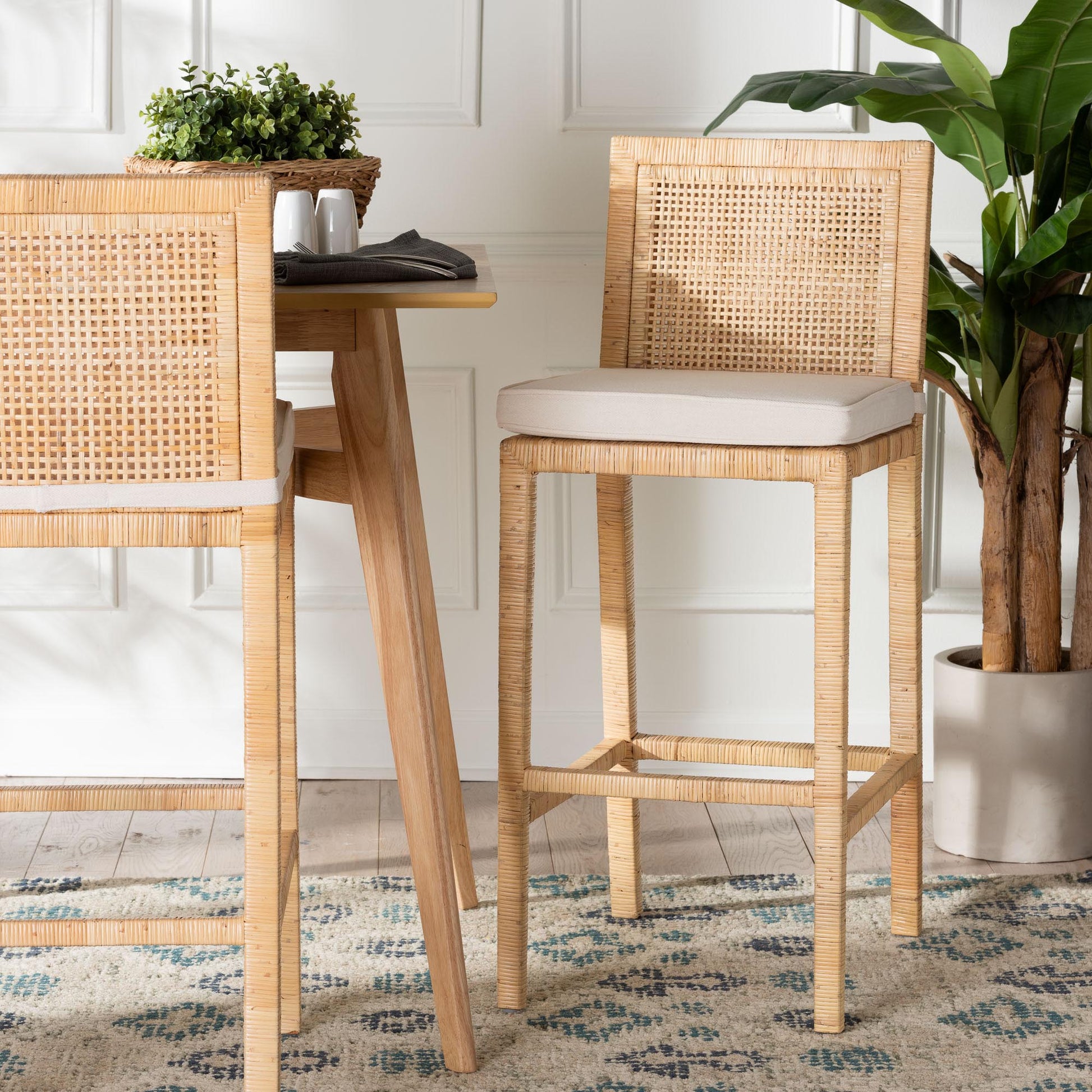 Baxton Studio bali & pari Sofia Bohemian Natural Rattan Bar Stool | Bar Stools | Modishstore