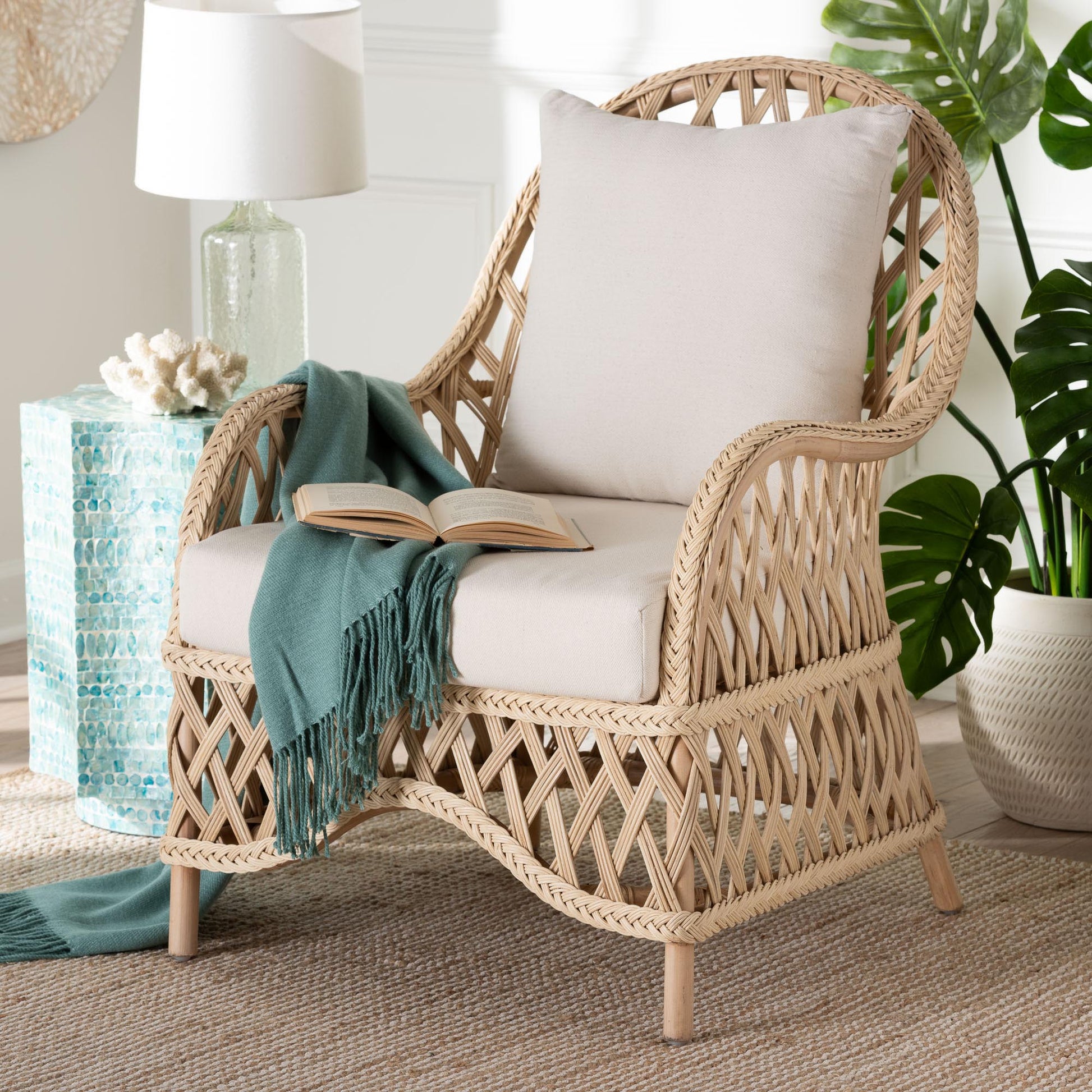 Baxton Studio bali & pari Florence Bohemian Ivory Braided Rattan Arm Chair | Armchairs | Modishstore