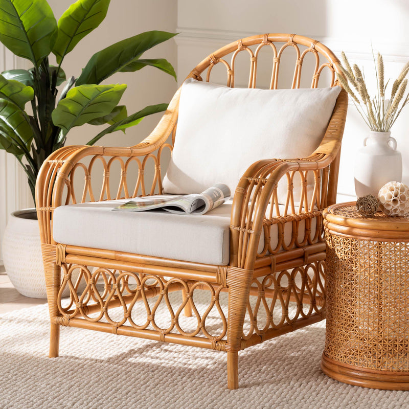 Baxton Studio bali & pari Reina Bohemian Light Honey Rattan Arm Chair | Armchairs | Modishstore