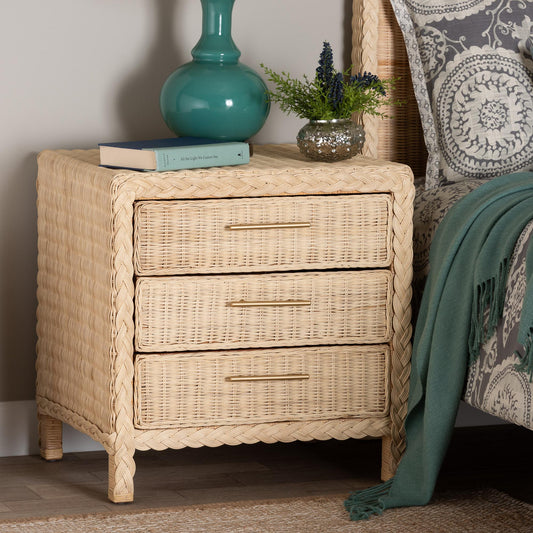 Baxton Studio bali & pari Lanica Japandi Sun Bleached Rattan 3-Drawer Nightstand | Nightstands | Modishstore