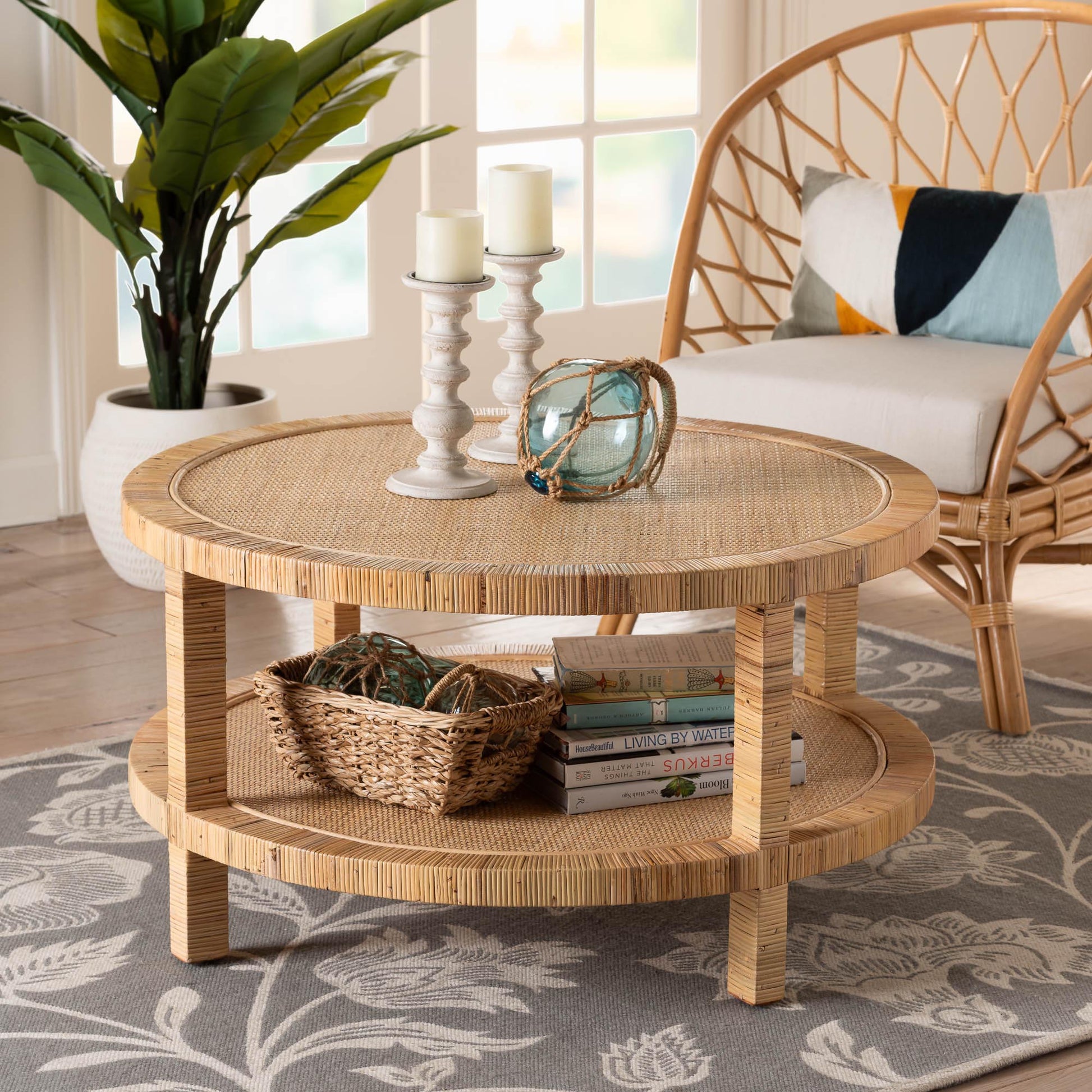 Baxton Studio bali & pari Kalimantan Bohemian Light Honey Rattan and Mahogany Wood Coffee Table | Coffee Tables | Modishstore