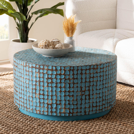 Baxton Studio bali & pari Kaloni Bohemian Sky Blue Coconut Shell and Acacia Wood Coffee Table | Coffee Tables | Modishstore