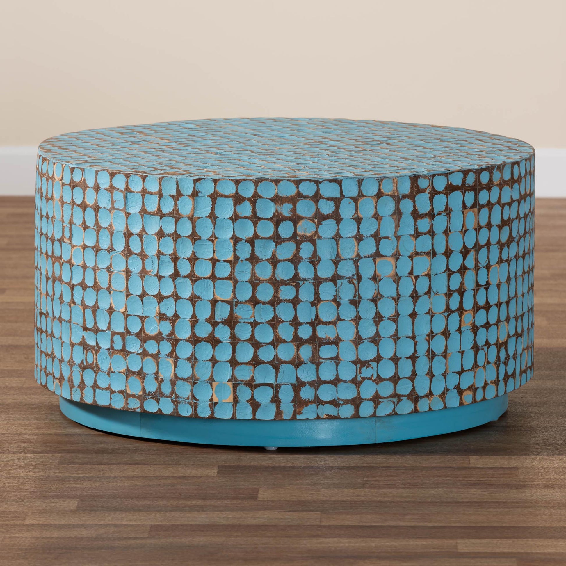 Baxton Studio bali & pari Kaloni Bohemian Sky Blue Coconut Shell and Acacia Wood Coffee Table | Coffee Tables | Modishstore - 8