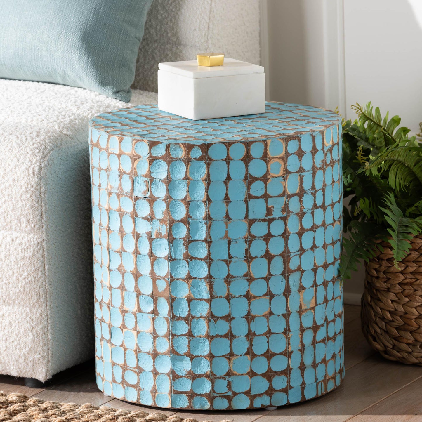 Baxton Studio bali & pari Juliette Bohemian Sky Blue Coconut Shell and Acacia Wood End Table | End Tables | Modishstore