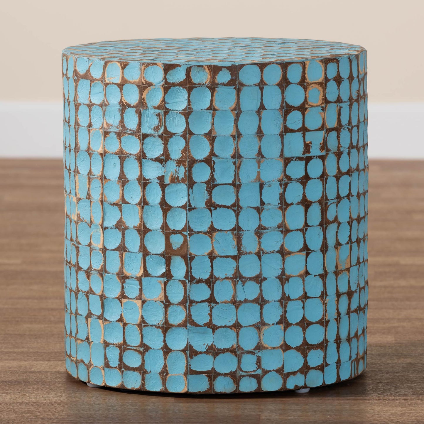 Baxton Studio bali & pari Juliette Bohemian Sky Blue Coconut Shell and Acacia Wood End Table | End Tables | Modishstore - 6