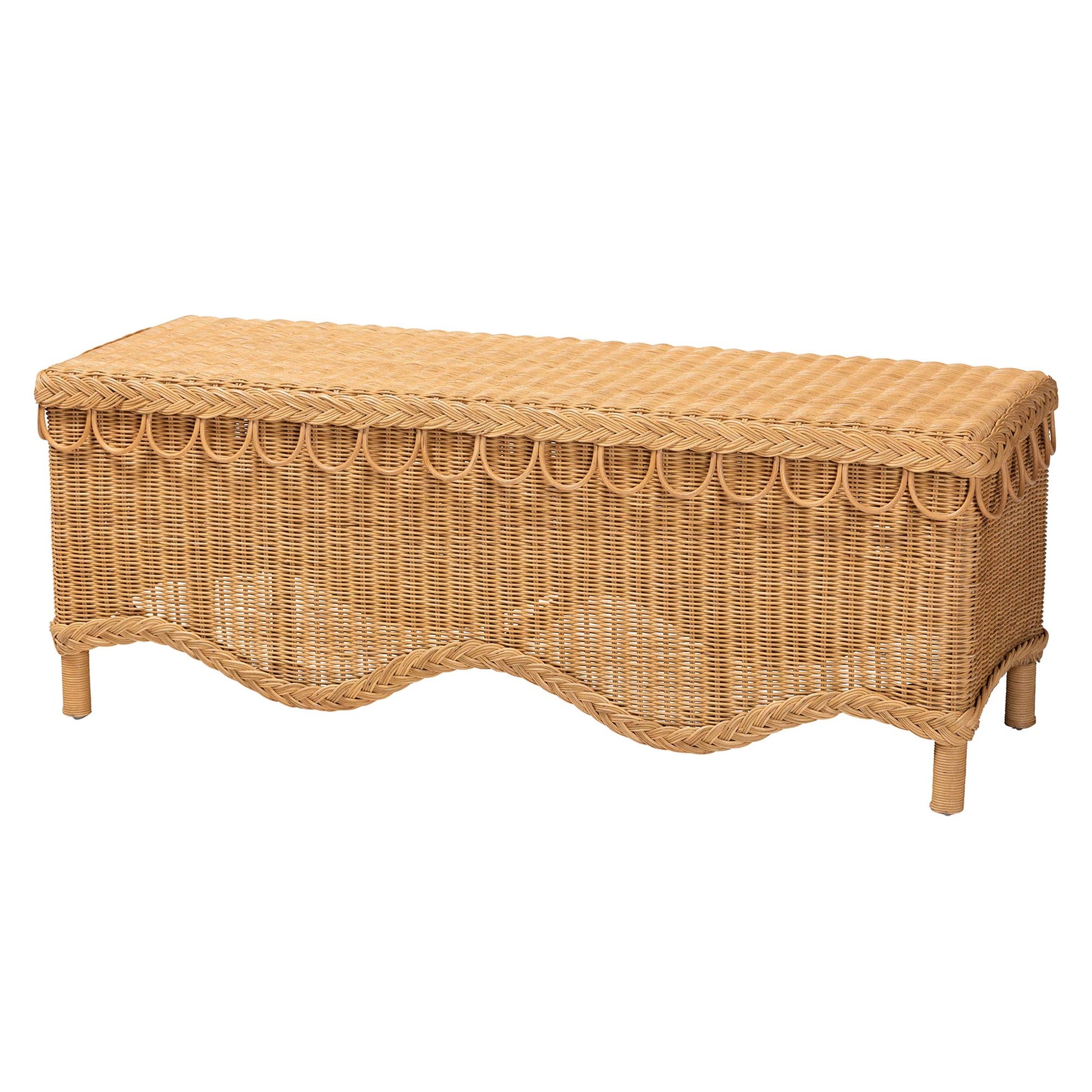 Baxton Studio bali & pari Erla Bohemian Light Honey Rattan Accent Bench with Scallop border | Benches | Modishstore - 4