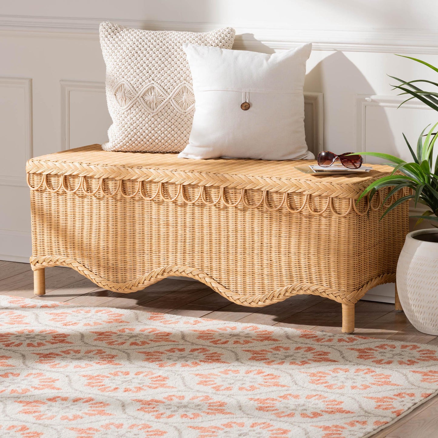 Baxton Studio bali & pari Erla Bohemian Light Honey Rattan Accent Bench with Scallop border | Benches | Modishstore