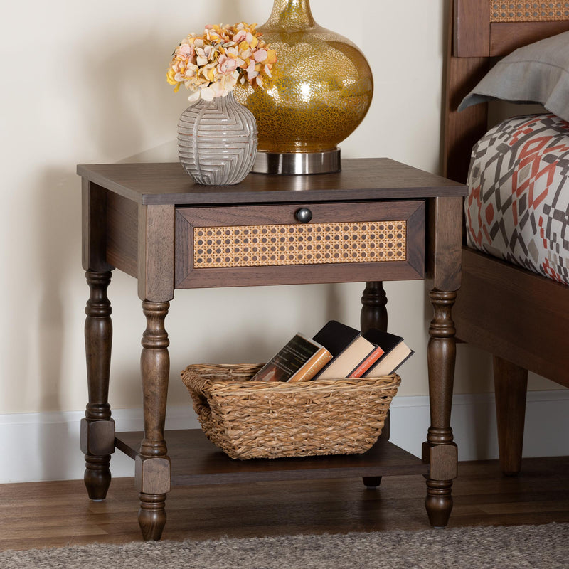 Baxton Studio Roden Transitional Dark Brown Nightstand with Rattan | Nightstands | Modishstore