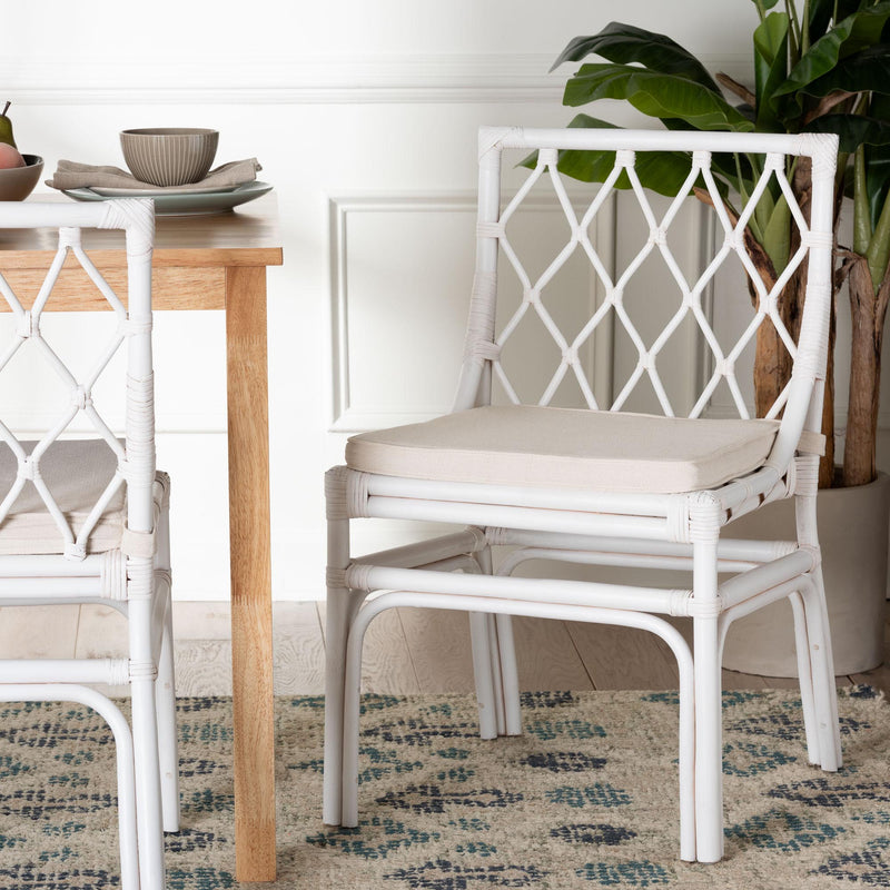 Baxton Studio bali & pari Carwyn Bohemian White Rattan Dining Chair | Dining Chairs | Modishstore