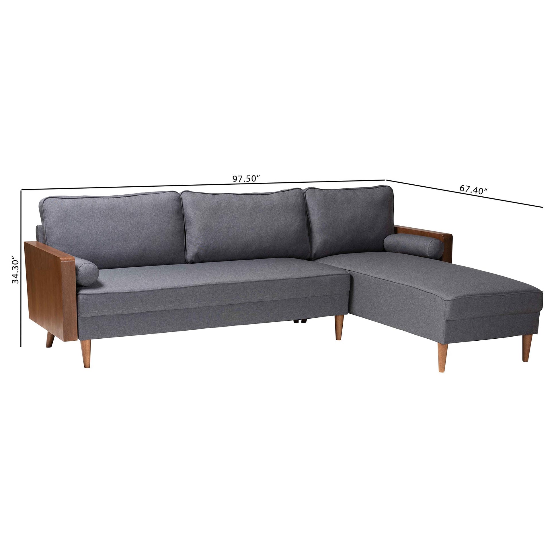 Baxton Studio Harleson Mid-Century Modern Grey Fabric and Walnut Brown Wood Right Facing Sectional Sofa | Sectional | Modishstore - 2