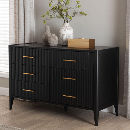 Baxton Studio Primrose Mid-Century Black Fluted Wood 6-Drawer Dresser | Dressers | Modishstore