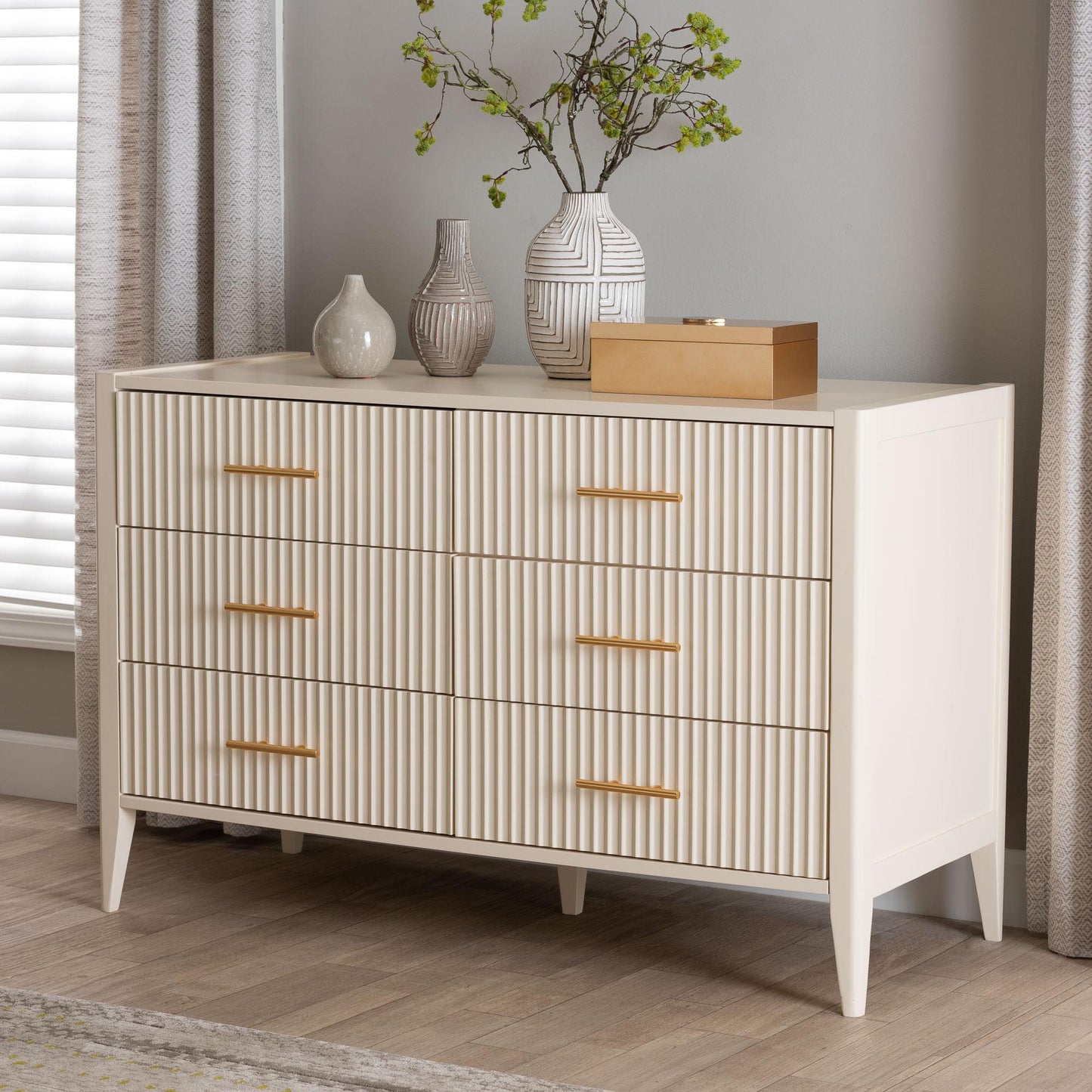 Baxton Studio Primrose Mid-Century Ivory Fluted Wood 6-Drawer Dresser | Dressers | Modishstore