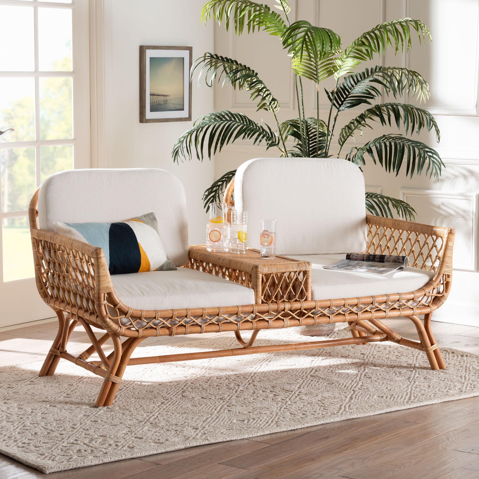 Baxton Studio bali & pari Pakis Bohemian Light Honey Rattan Tete-a-Tete Sofa | Sofas | Modishstore