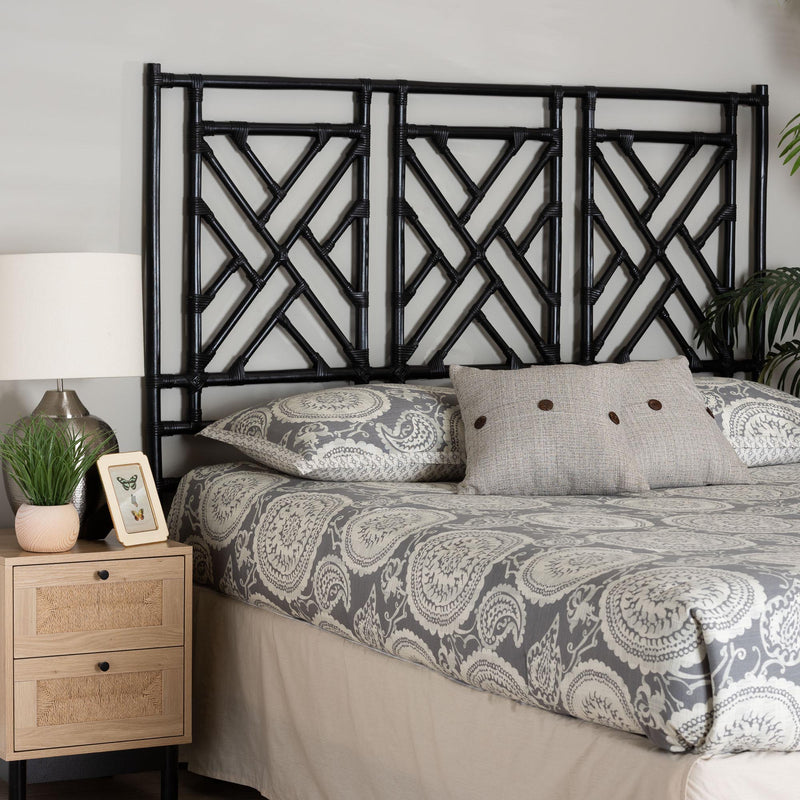 Baxton Studio bali & pari Karavo Bohemian Black Natural Rattan Queen Size Standalone Headboard | Headboards | Modishstore