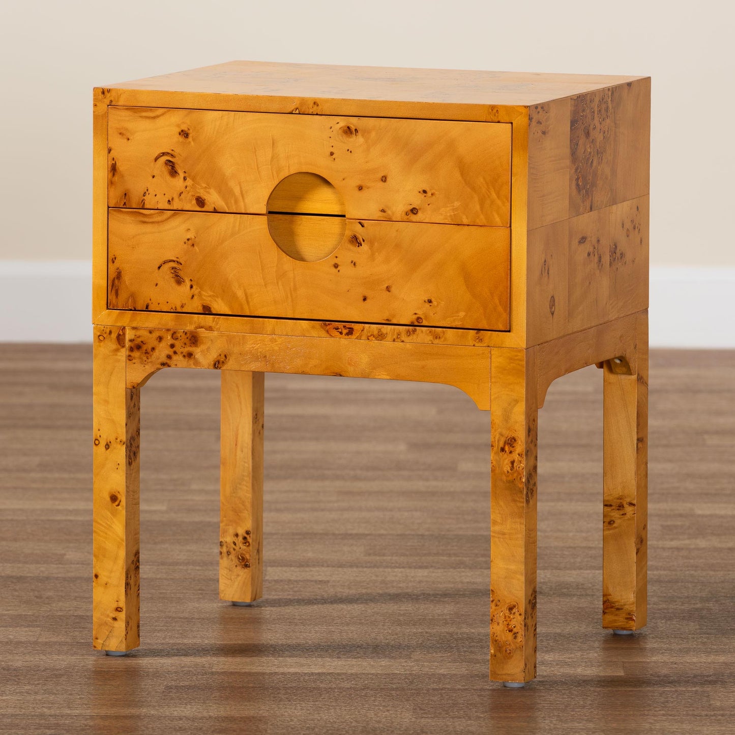 Baxton Studio bali & pari Kayla Modern and Contemporary Natural Light Mappa Burl Wood 2-Drawer Nightstand | Nightstands | Modishstore - 2