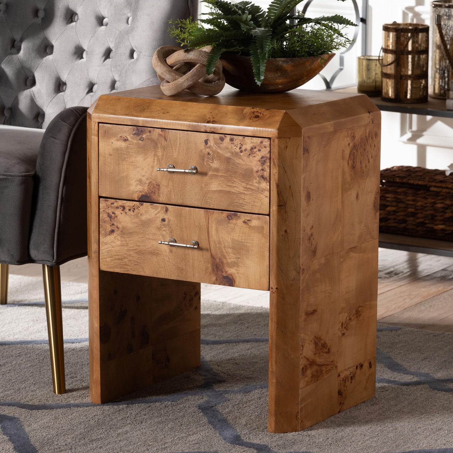 Baxton Studio bali & pari Nebu Modern and Contemporary Natural Mappa Burl Wood Nightstand | Nightstands | Modishstore