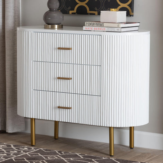 Baxton Studio bali & pari Beyla Mid-Century White Fluted Wood and Gold Metal 3-Drawer Dresser | Dressers | Modishstore