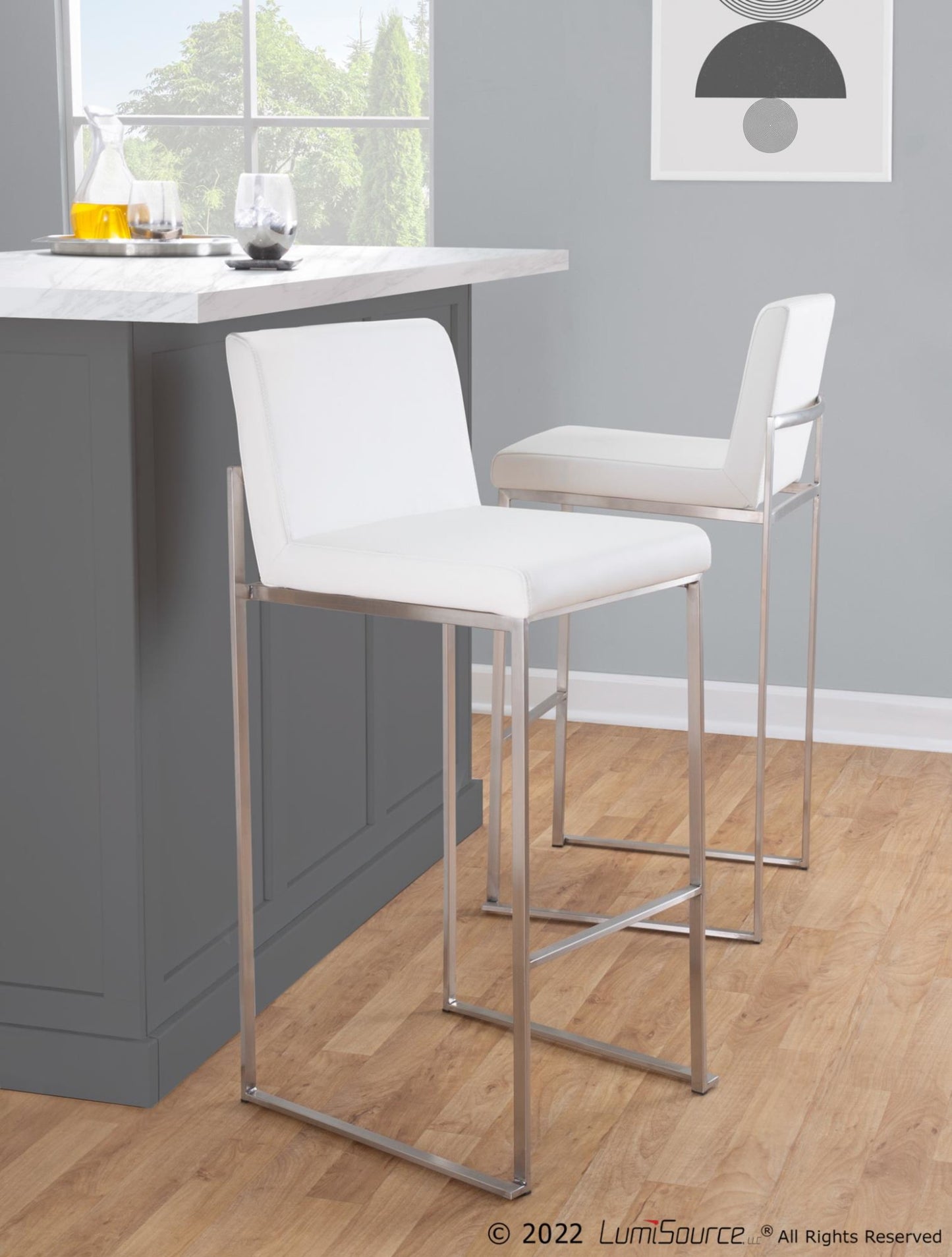 Fuji High Back 30" Fixed-Height Barstool - Set of 3 By LumiSource - B30-FUJIHBPU SSGY3 | Bar Stools | Modishstore - 12