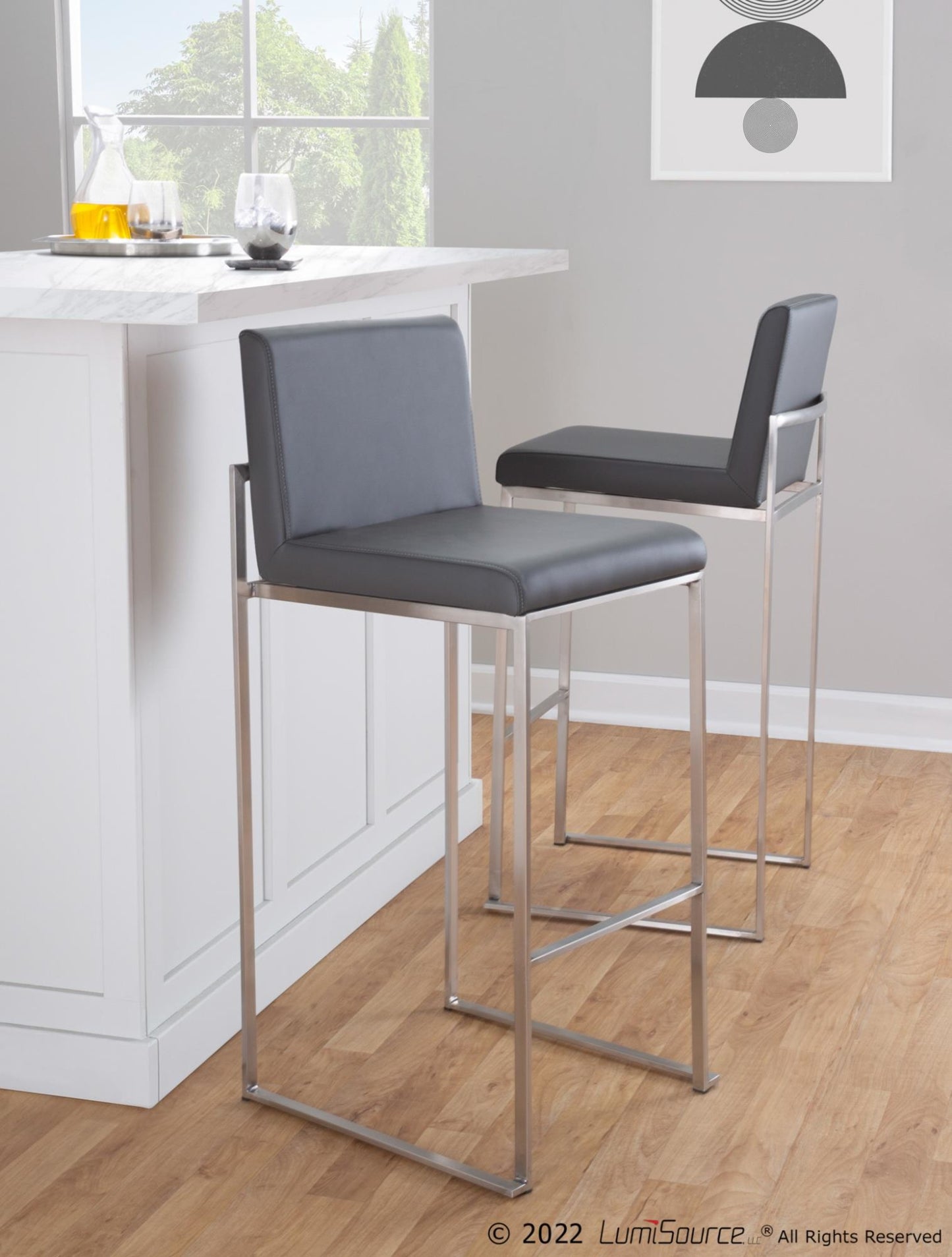 Fuji High Back 30" Fixed-Height Barstool - Set of 3 By LumiSource - B30-FUJIHBPU SSGY3 | Bar Stools | Modishstore - 3