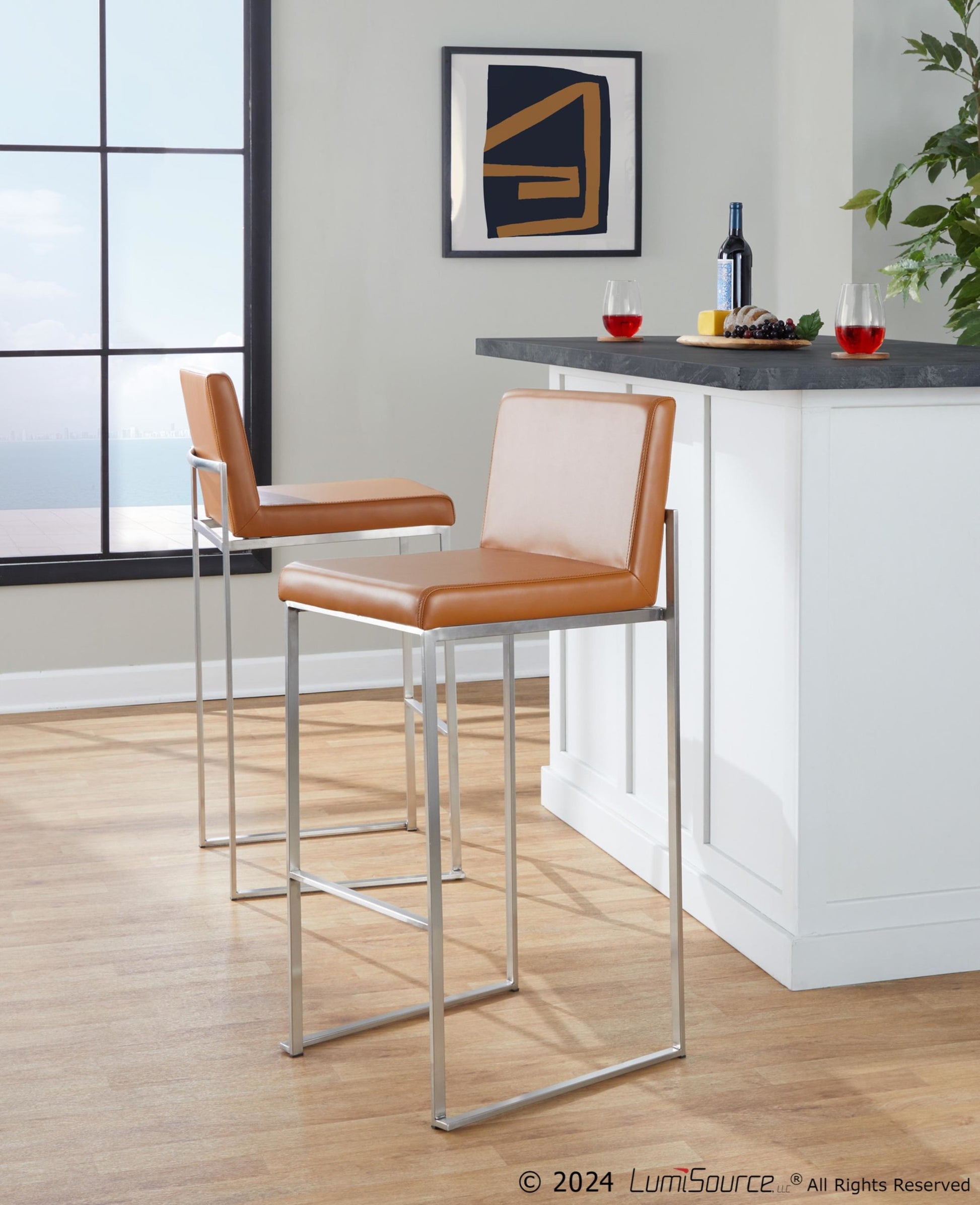 Fuji High Back 30" Fixed-Height Barstool - Set of 2 By LumiSource - B30-FUJIHBPU SSCAM2 | Bar Stools | Modishstore - 2