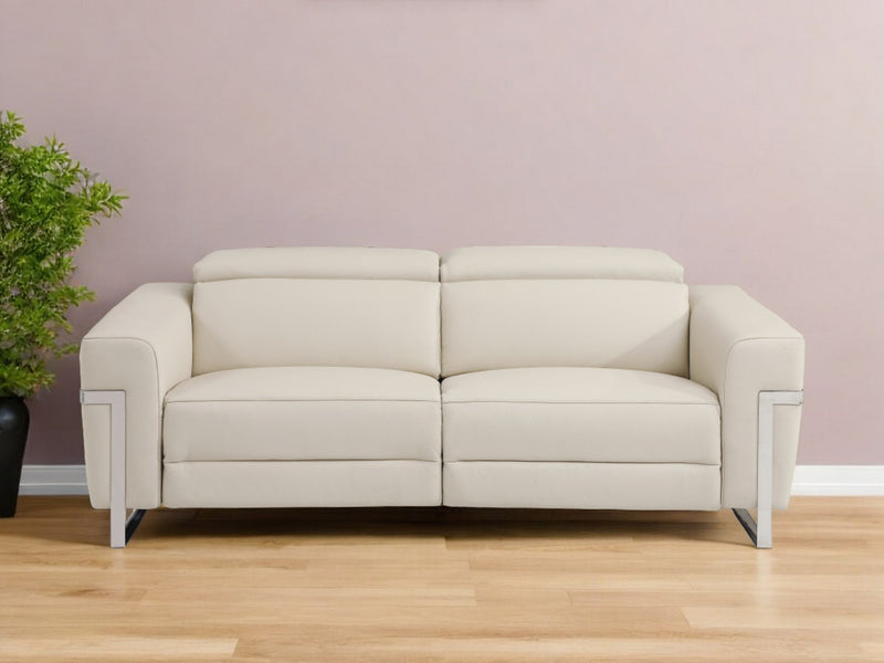 Beige Italian Leather USB Reclining Sofa With Silver Legs By Homeroots | Sofas | Modishstore - 1