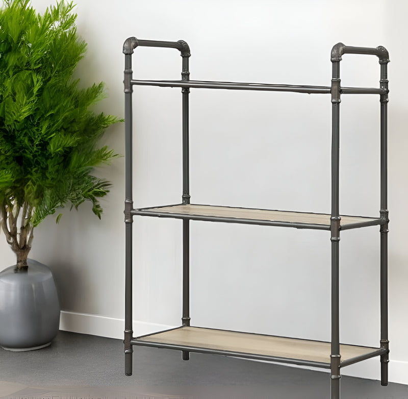 Antique Oak and Sandy Gray Metal Three Tier Standard Bookcase By Homeroots | Bookcases | Modishstore - 1