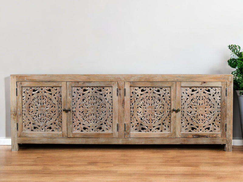 Natural Carved Floral Distressed Solid Wood Enclosed Storage TV Stand By Homeroots | TV Stands | Modishstore - 1
