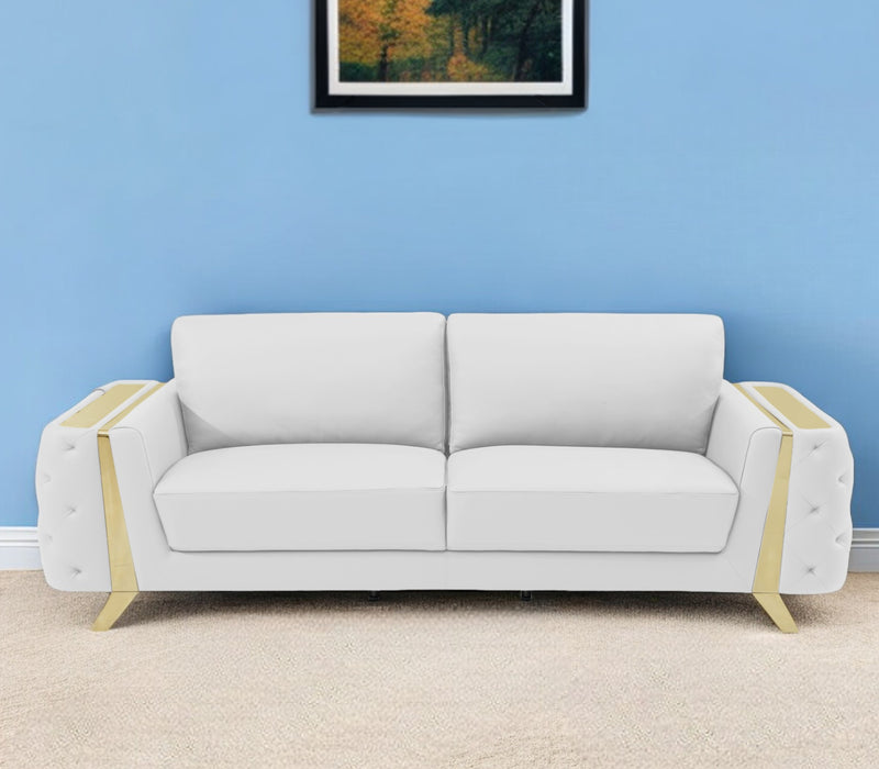 White Italian Leather Sofa With Gold Legs By Homeroots | Sofas | Modishstore - 1