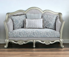 Light Gray And Champagne Linen Damask Loveseat and Toss Pillows By Homeroots