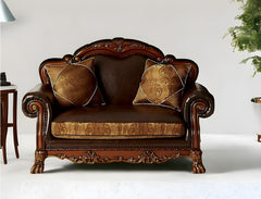 Brown And Redwood Faux Leather Loveseat and Toss Pillows By Homeroots
